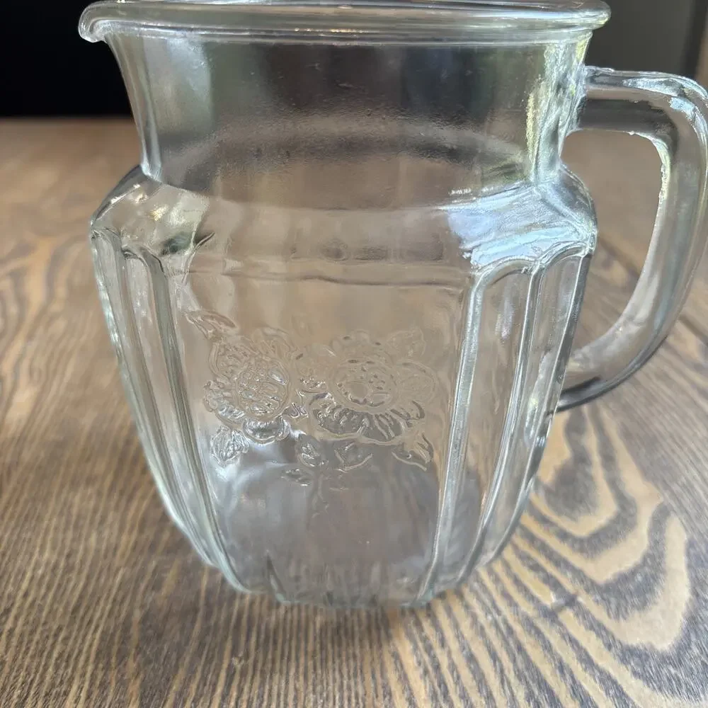 Vintage Clear Glass Quart Pitcher Embossed Flowers Pattern - Mid-Century